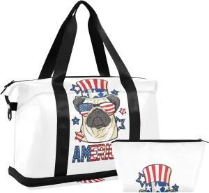 America Pug Dog USA Flag with Sunglasses Hat on White Foldable Travel Bag, Camping Luggage bag, Portable Gym Bag, Sports Bag, Toiletry Bag with Handles Adjustable Shoulder Strap