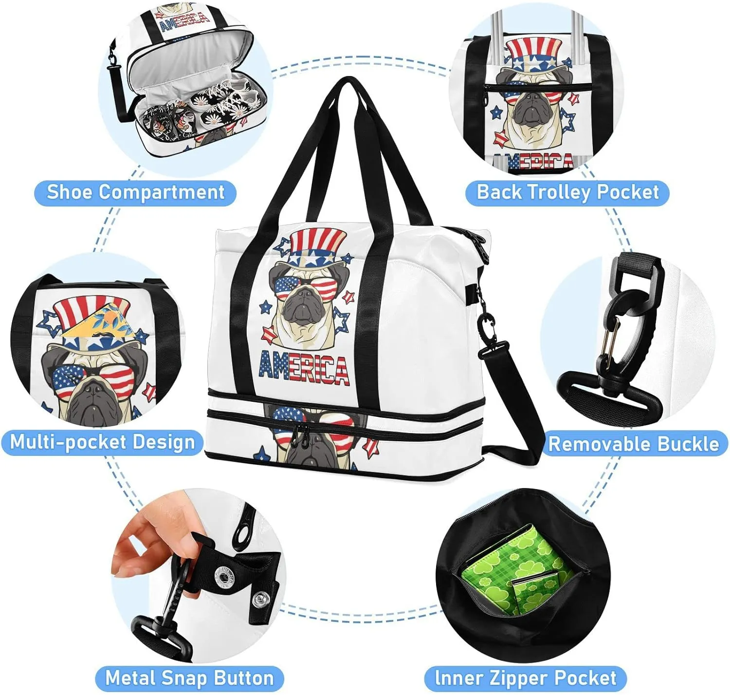 America Pug Dog USA Flag with Sunglasses Hat on White Foldable Travel Bag, Camping Luggage bag, Portable Gym Bag, Sports Bag, Toiletry Bag with Handles Adjustable Shoulder Strap