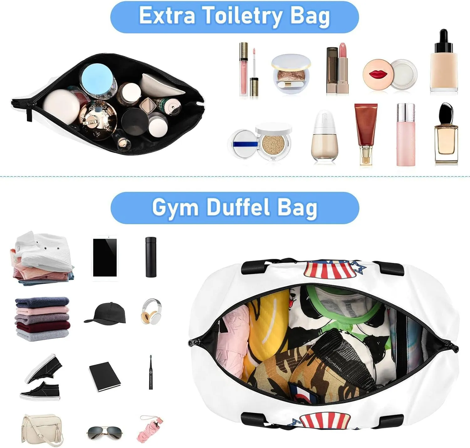 America Pug Dog USA Flag with Sunglasses Hat on White Foldable Travel Bag, Camping Luggage bag, Portable Gym Bag, Sports Bag, Toiletry Bag with Handles Adjustable Shoulder Strap