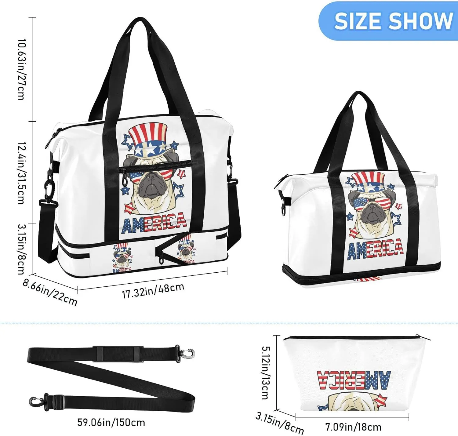 America Pug Dog USA Flag with Sunglasses Hat on White Foldable Travel Bag, Camping Luggage bag, Portable Gym Bag, Sports Bag, Toiletry Bag with Handles Adjustable Shoulder Strap