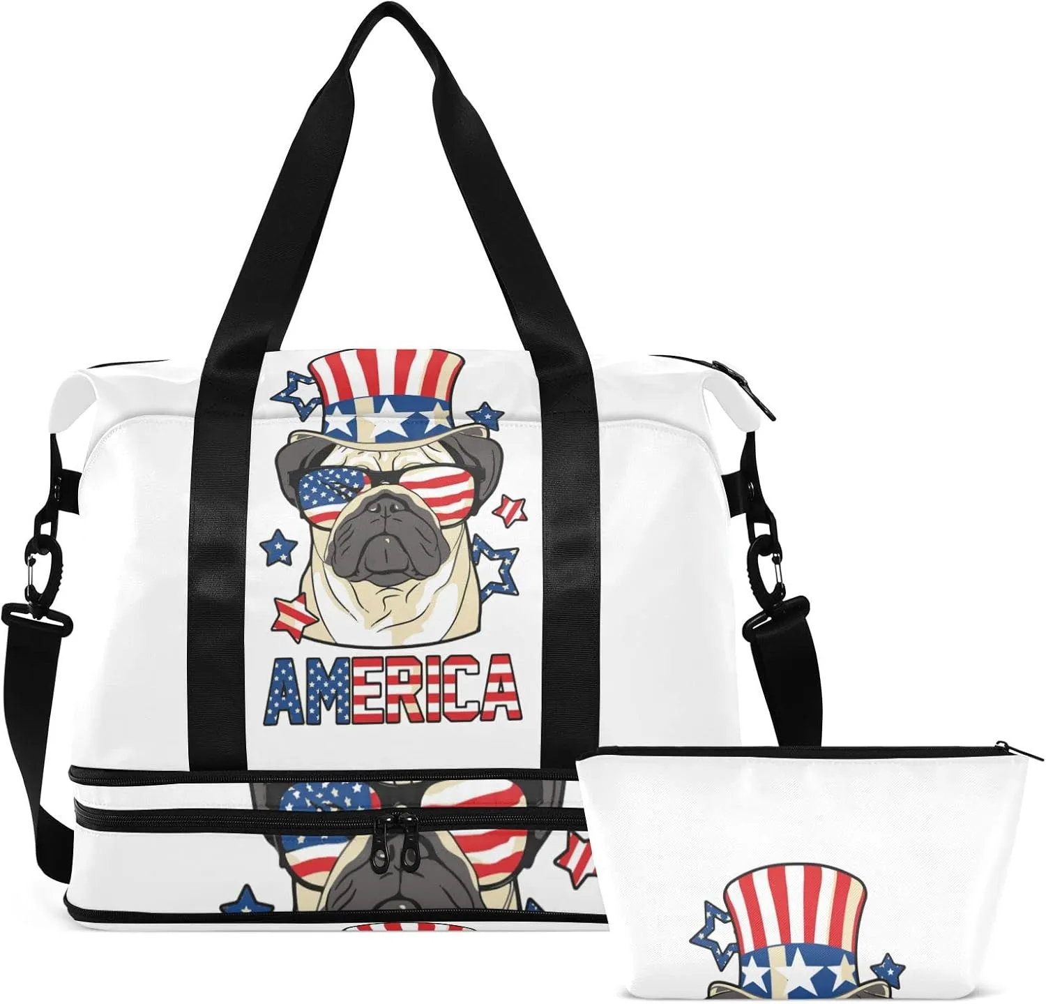 America Pug Dog USA Flag with Sunglasses Hat on White Foldable Travel Bag, Camping Luggage bag, Portable Gym Bag, Sports Bag, Toiletry Bag with Handles Adjustable Shoulder Strap