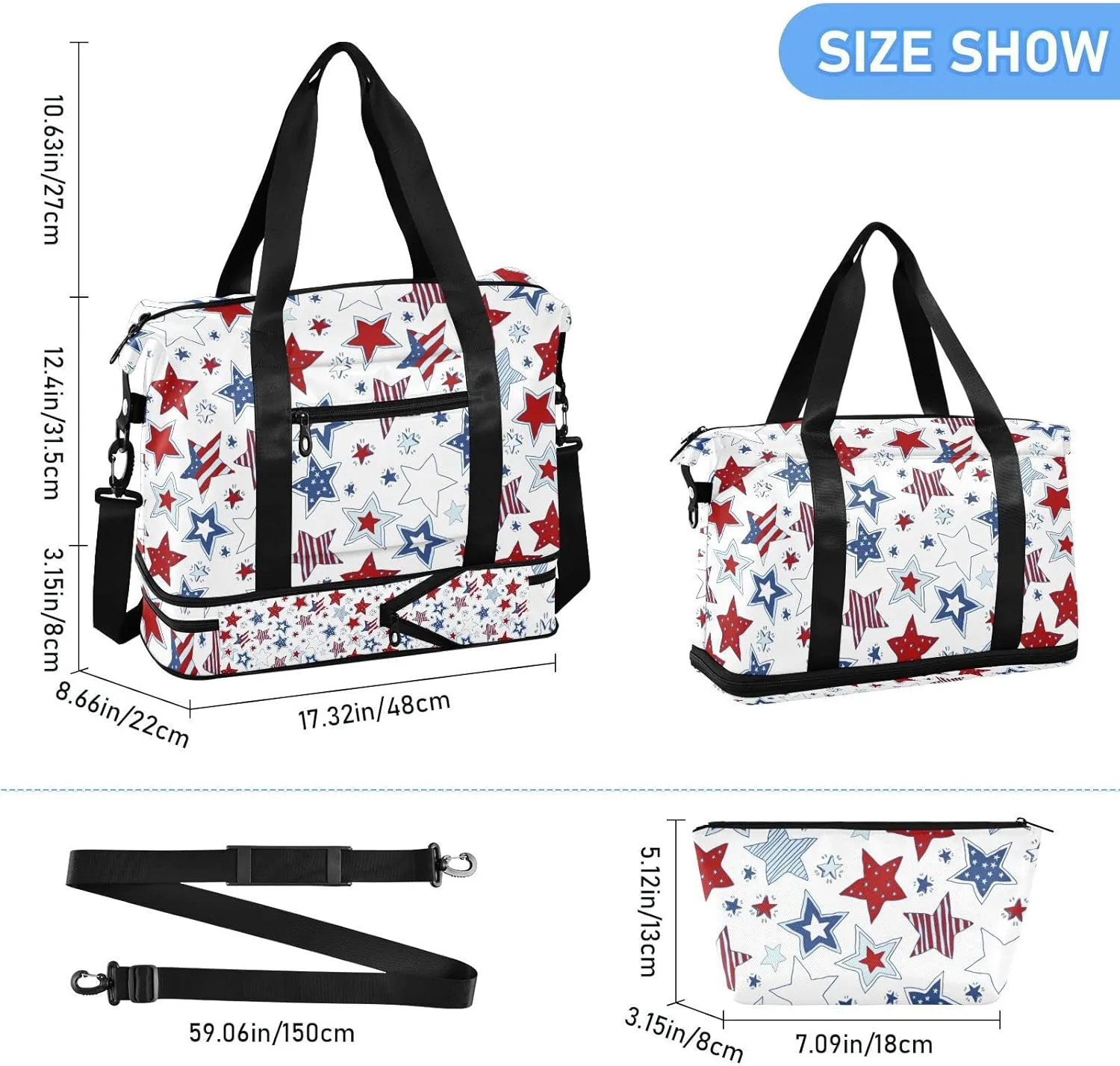 American Flag Stars USA White and Blue Stars Seamless on White Foldable Travel Bag, Camping Luggage bag, Portable Gym Bag, Sports Bag, Toiletry Bag with Handles Adjustable Shoulder Strap