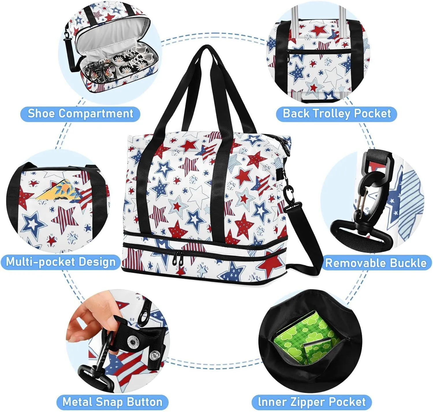 American Flag Stars USA White and Blue Stars Seamless on White Foldable Travel Bag, Camping Luggage bag, Portable Gym Bag, Sports Bag, Toiletry Bag with Handles Adjustable Shoulder Strap