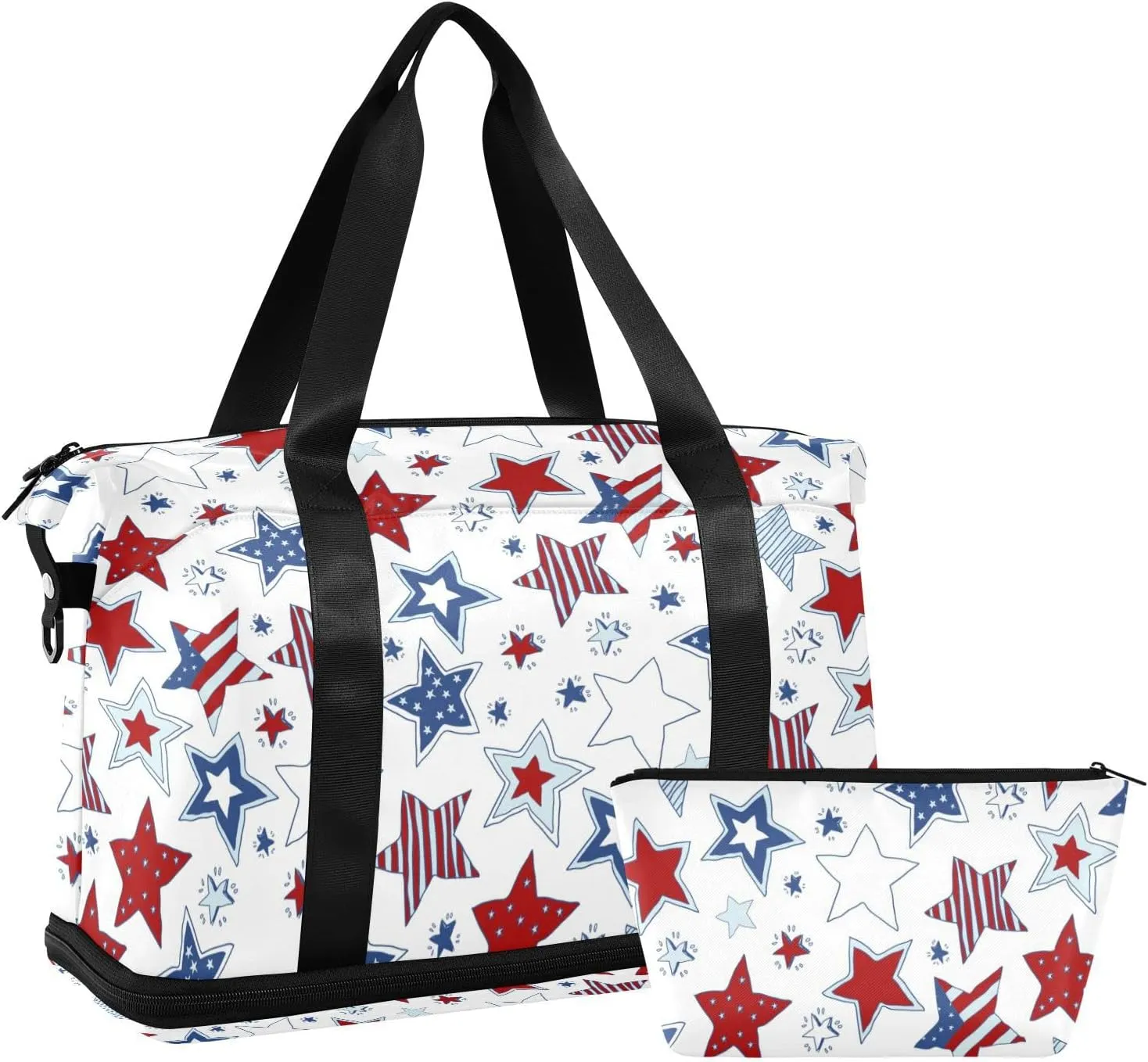 American Flag Stars USA White and Blue Stars Seamless on White Foldable Travel Bag, Camping Luggage bag, Portable Gym Bag, Sports Bag, Toiletry Bag with Handles Adjustable Shoulder Strap