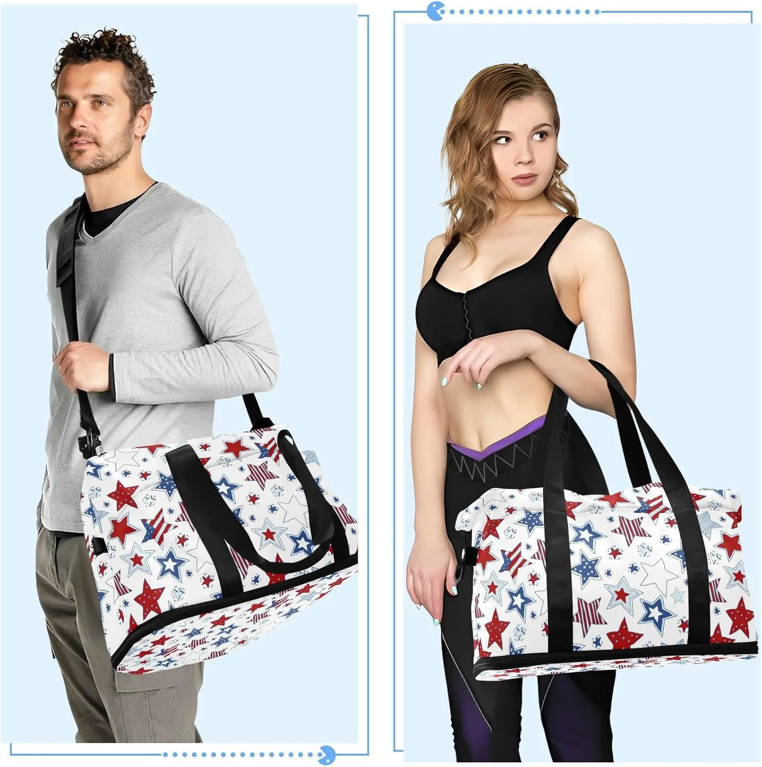 American Flag Stars USA White and Blue Stars Seamless on White Foldable Travel Bag, Camping Luggage bag, Portable Gym Bag, Sports Bag, Toiletry Bag with Handles Adjustable Shoulder Strap