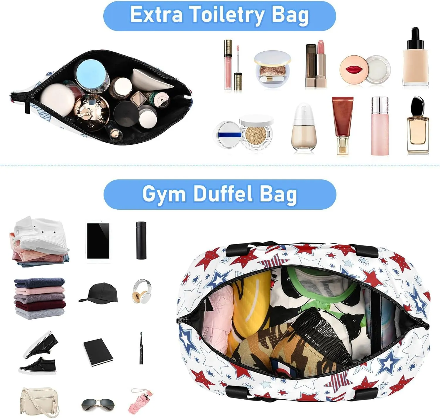American Flag Stars USA White and Blue Stars Seamless on White Foldable Travel Bag, Camping Luggage bag, Portable Gym Bag, Sports Bag, Toiletry Bag with Handles Adjustable Shoulder Strap