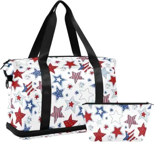 American Flag Stars USA White and Blue Stars Seamless on White Foldable Travel Bag, Camping Luggage bag, Portable Gym Bag, Sports Bag, Toiletry Bag with Handles Adjustable Shoulder Strap