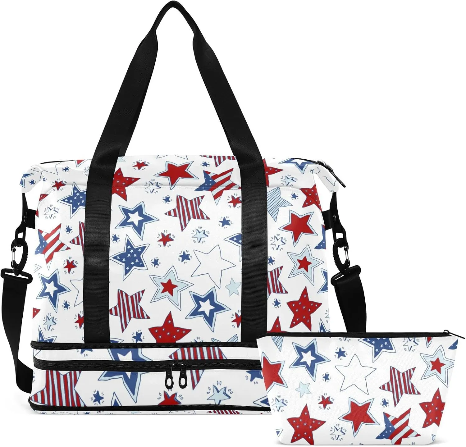 American Flag Stars USA White and Blue Stars Seamless on White Foldable Travel Bag, Camping Luggage bag, Portable Gym Bag, Sports Bag, Toiletry Bag with Handles Adjustable Shoulder Strap