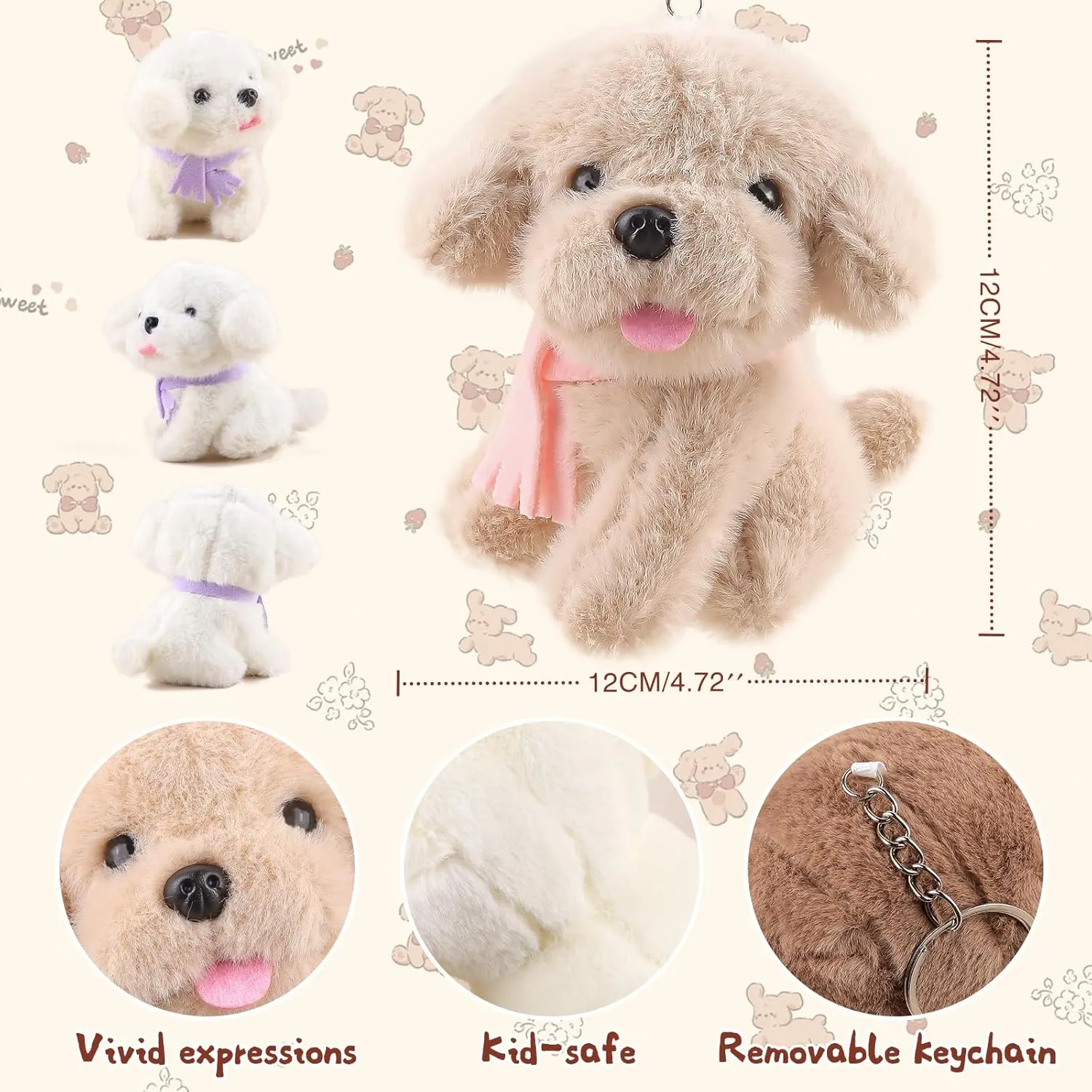Anboor 6pcs 4.7" Dog Stuffed Animals, Cute Puppy Plush Toy with Scarf, Scented Teddy Small Stuffed Animals Bulk with Keychain Soft Plush Dog Toy for Party Favors (Brown,White,Light Brown)