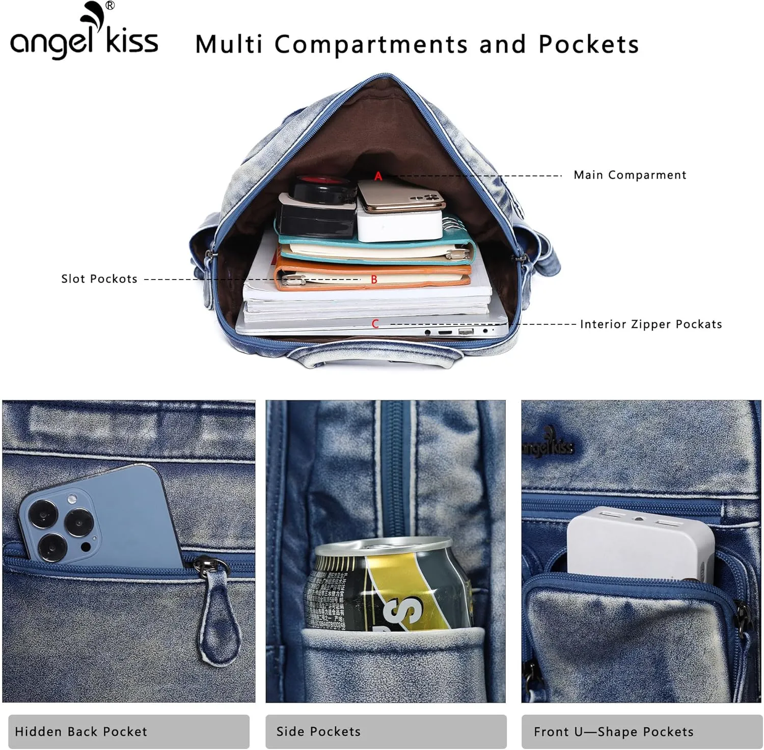 Angel Kiss Backpack Purse for Women Soft Washed Leather Multi Pocket Casual Travel Backpacks…