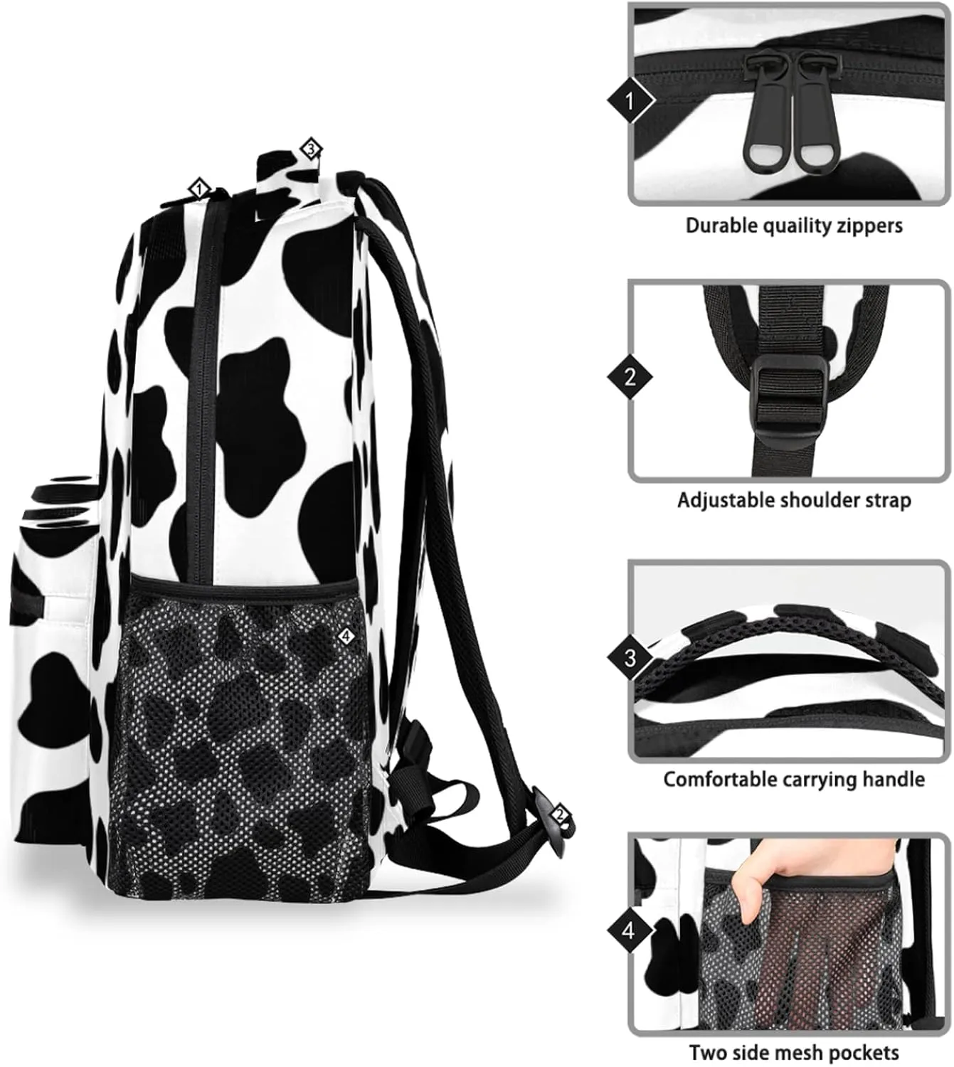 Animal Cow Print Backpacks for Girls Kids Boys, Black and White Cow Print Casual Lightweight School Bags Laptop Backpack Student College Bookbag Travel Hiking Daypack