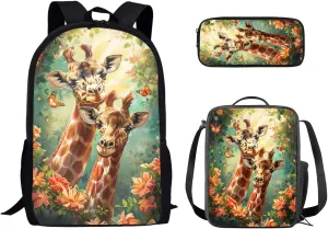 Animal Giraffe Backpack Set 3 Pcs Children School Bag with Insulated Lunch Tote Bag Pencil Case for Kids Girl Boy