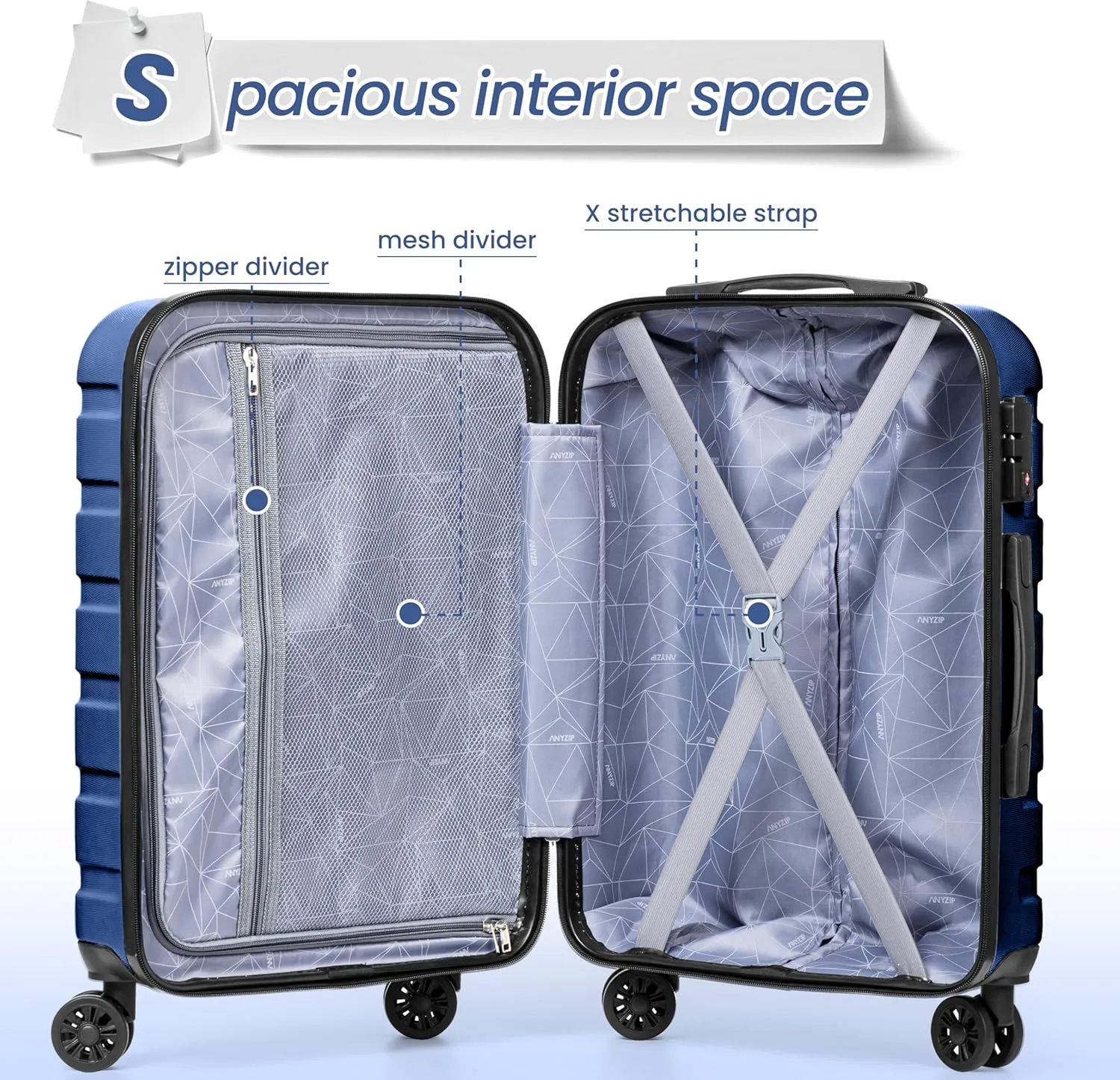 AnyZip Luggage Sets 3 Piece Hardshell Suitcase Set PC ABS Lightweight Travel Suitcases with 4 Double Spinner Wheels TSA Lock 20 24 28 Inch Dark Blue