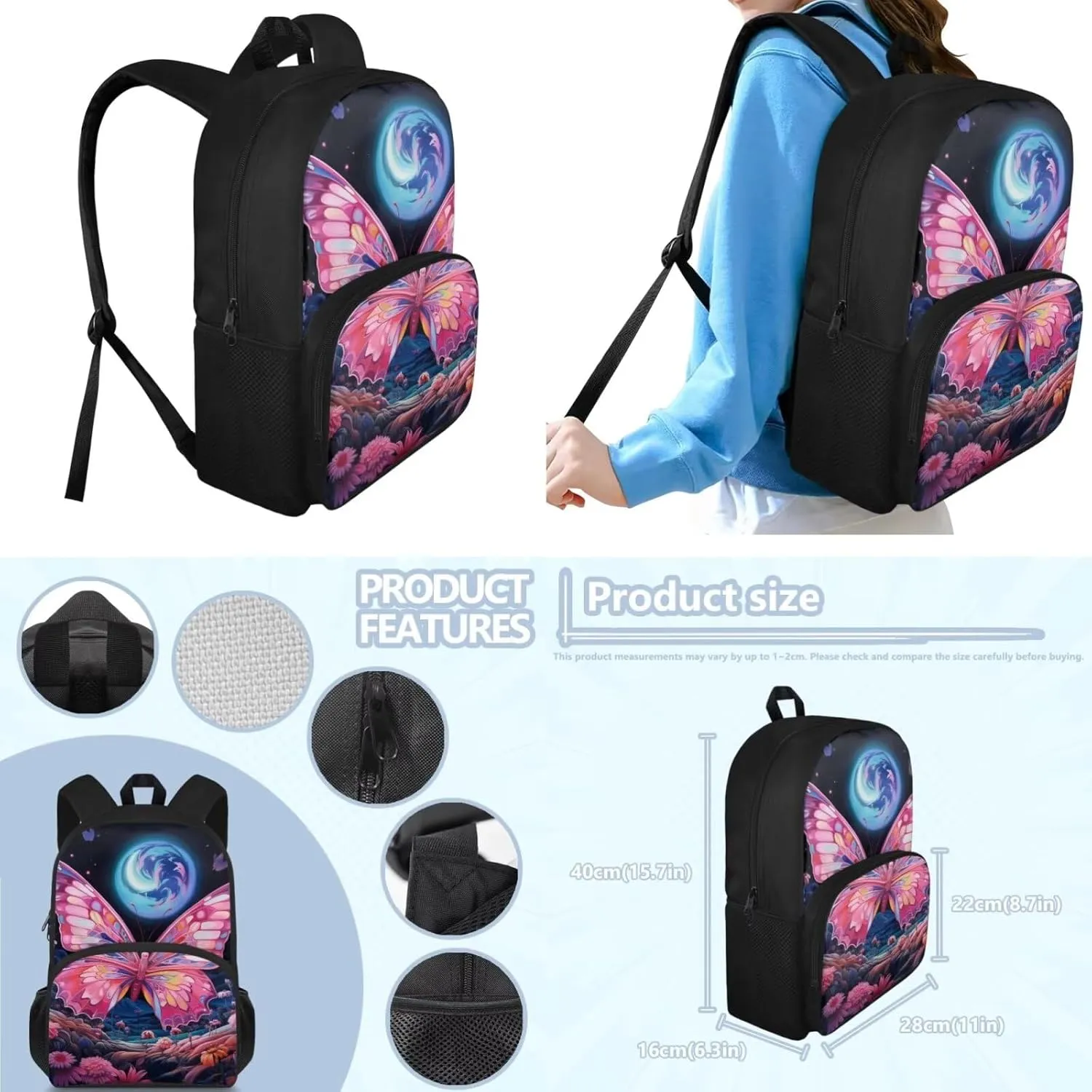 Art Butterfly Backpacks for Girls Large Capacity Backpack for School Cute Kids Backpack and Lunch Box Set Boys Big Capacity Bookbags Birthday/Christmas Gift for Kids Teens