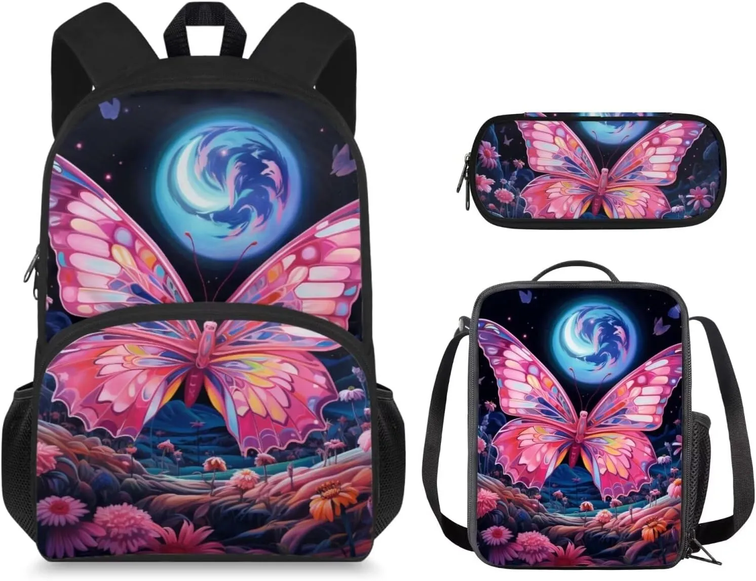 Art Butterfly Backpacks for Girls Large Capacity Backpack for School Cute Kids Backpack and Lunch Box Set Boys Big Capacity Bookbags Birthday/Christmas Gift for Kids Teens