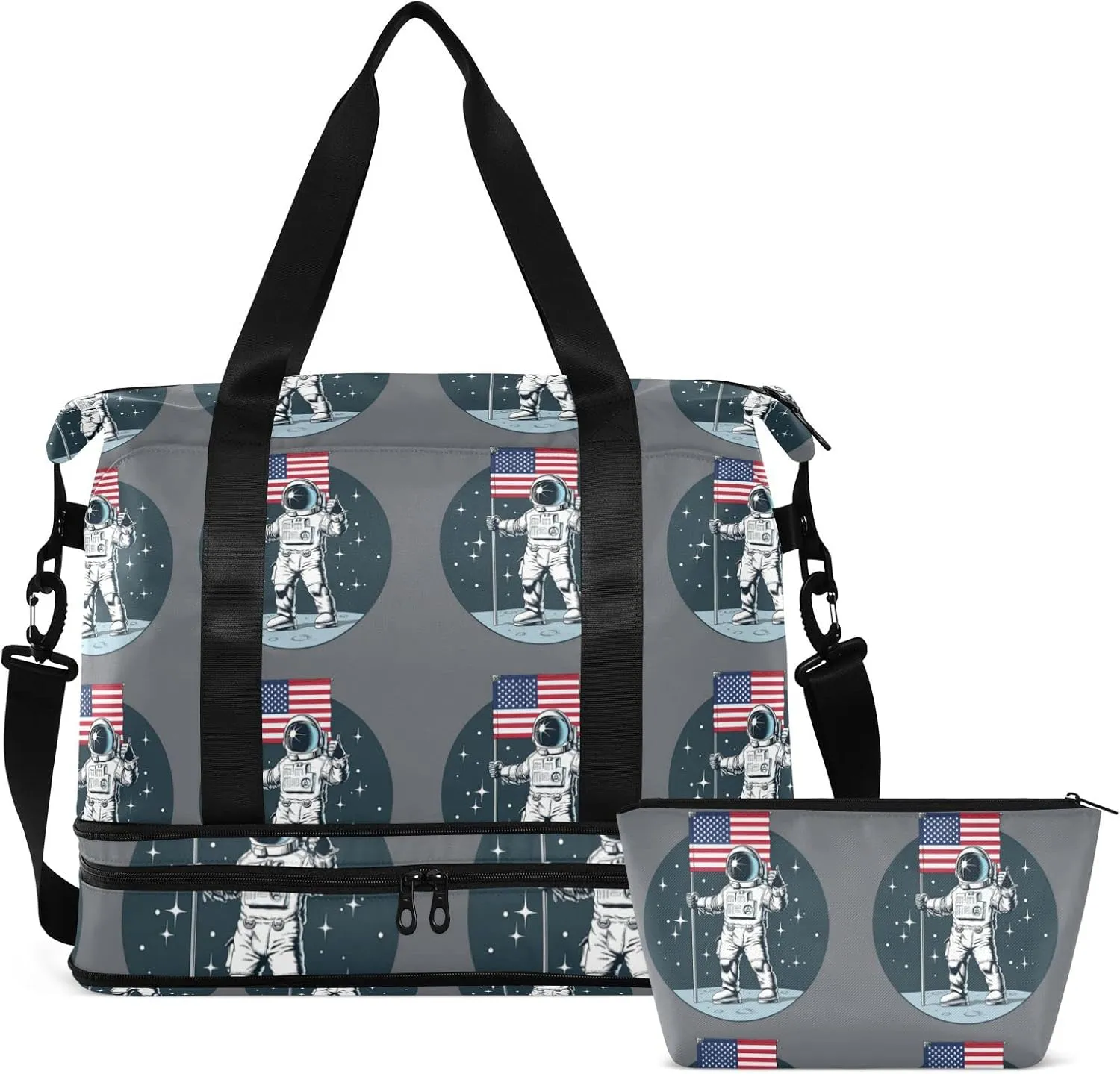 Astronaut with American Flag on the Moon Dark Blue Pattern Foldable Travel Bag, Camping Luggage bag, Portable Gym Bag, Sports Bag, Toiletry Bag with Handles Adjustable Shoulder Strap