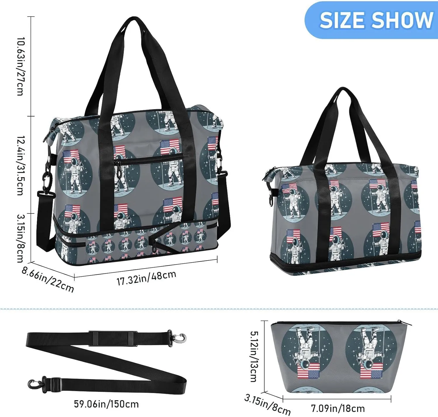 Astronaut with American Flag on the Moon Dark Blue Pattern Foldable Travel Bag, Camping Luggage bag, Portable Gym Bag, Sports Bag, Toiletry Bag with Handles Adjustable Shoulder Strap
