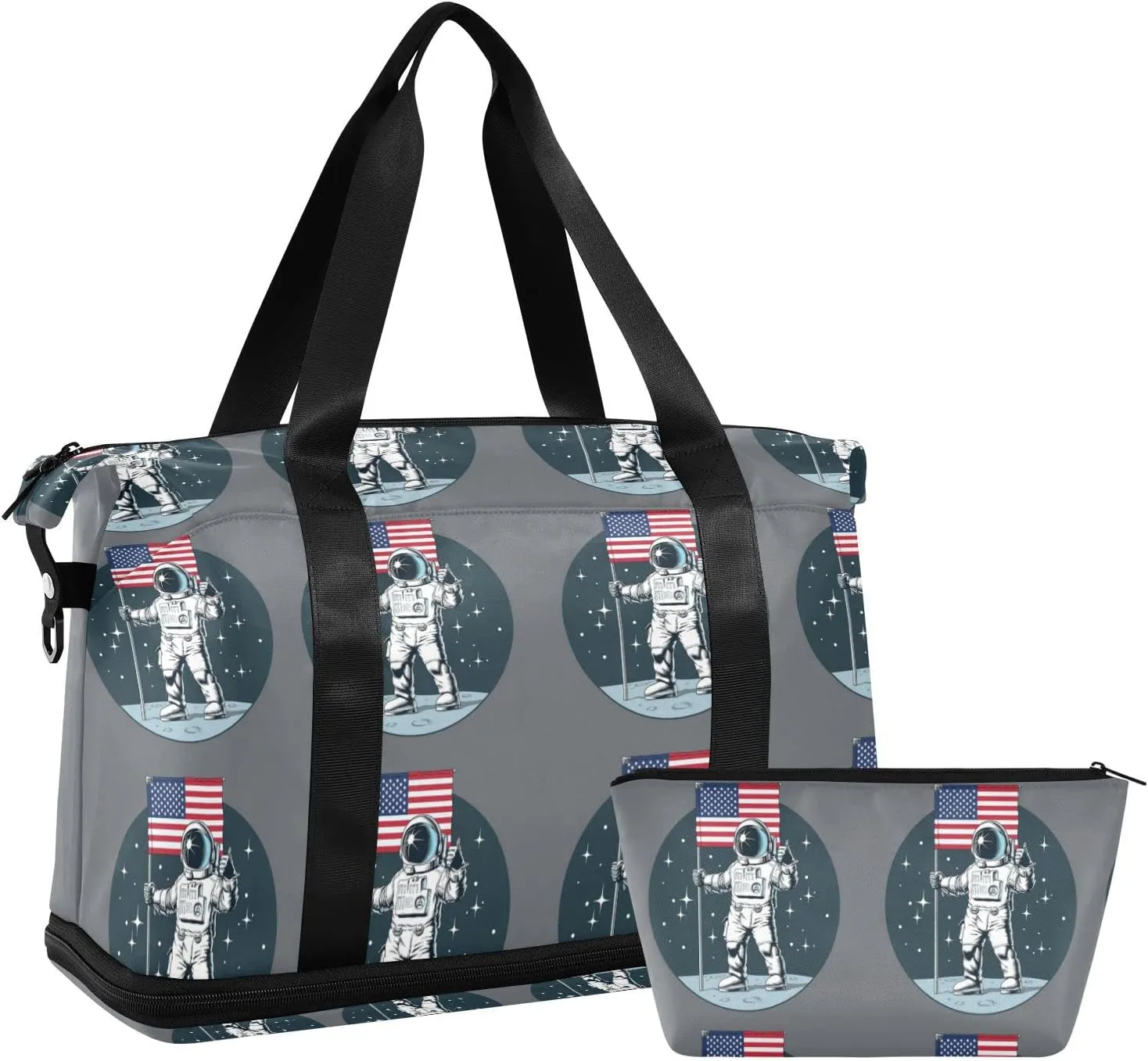 Astronaut with American Flag on the Moon Dark Blue Pattern Foldable Travel Bag, Camping Luggage bag, Portable Gym Bag, Sports Bag, Toiletry Bag with Handles Adjustable Shoulder Strap