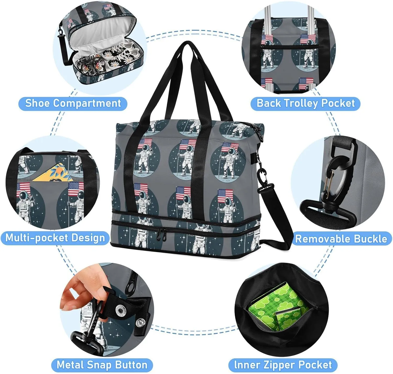 Astronaut with American Flag on the Moon Dark Blue Pattern Foldable Travel Bag, Camping Luggage bag, Portable Gym Bag, Sports Bag, Toiletry Bag with Handles Adjustable Shoulder Strap