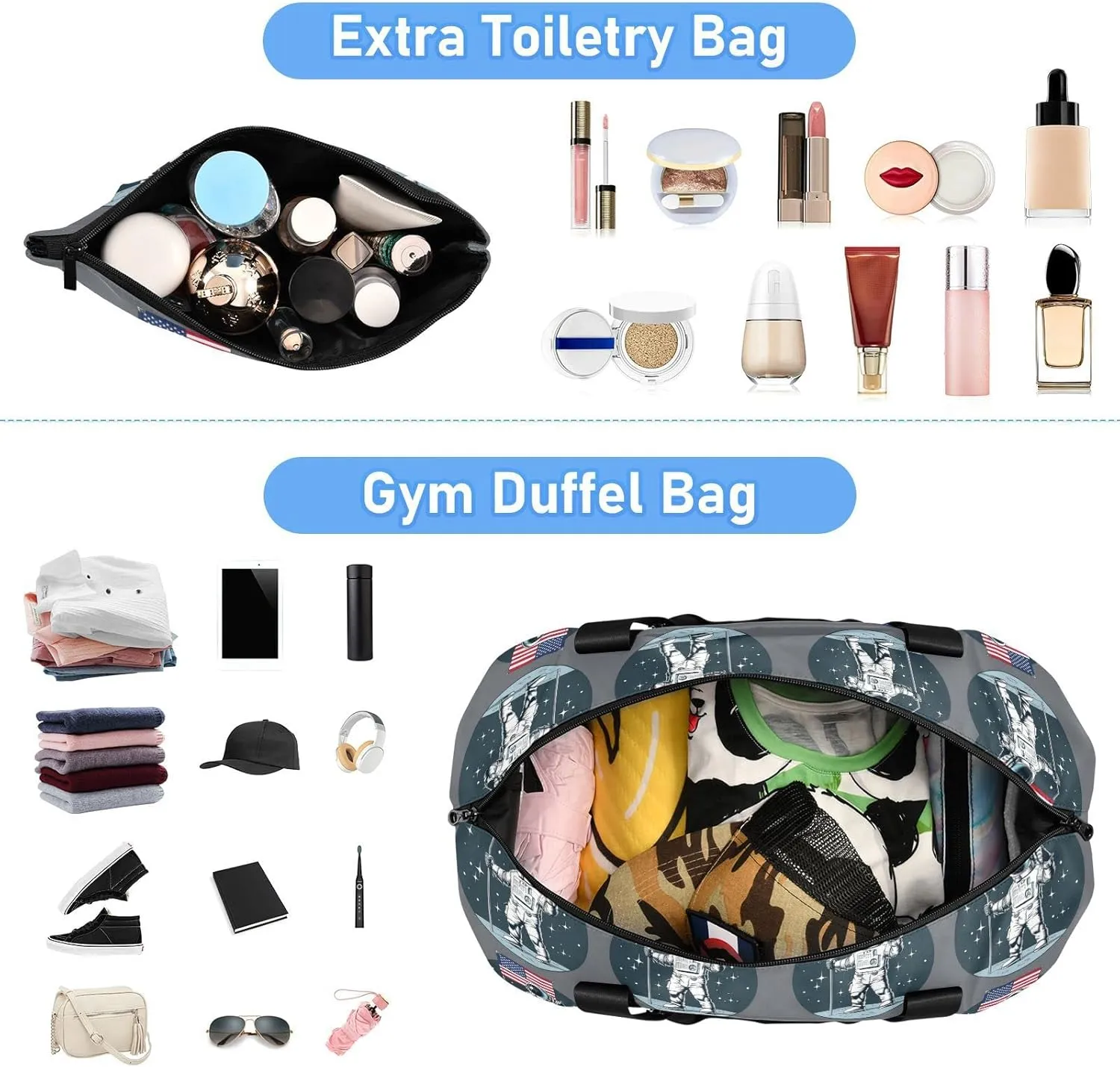 Astronaut with American Flag on the Moon Dark Blue Pattern Foldable Travel Bag, Camping Luggage bag, Portable Gym Bag, Sports Bag, Toiletry Bag with Handles Adjustable Shoulder Strap