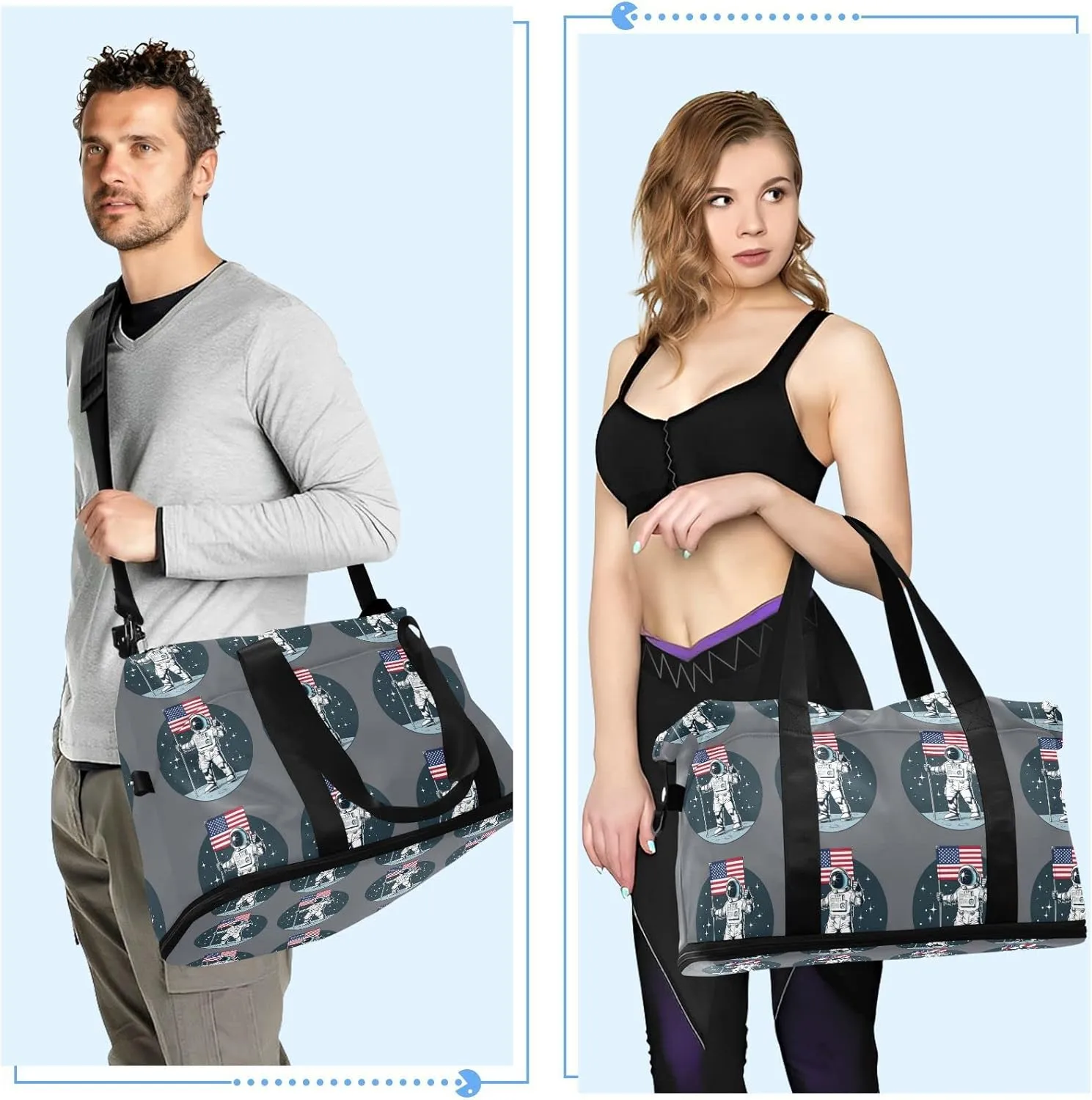 Astronaut with American Flag on the Moon Dark Blue Pattern Foldable Travel Bag, Camping Luggage bag, Portable Gym Bag, Sports Bag, Toiletry Bag with Handles Adjustable Shoulder Strap