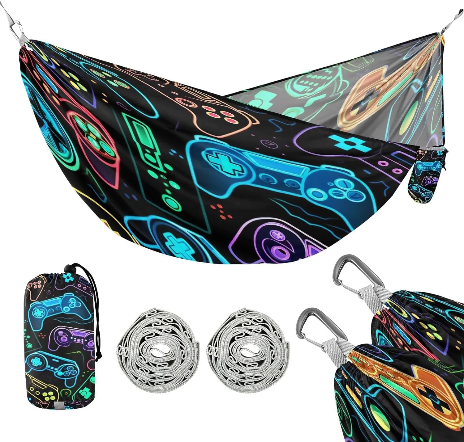 ATTX Colorful Video Game Controllers Camping Hammock - Lightweight & Portable Hammocks, Heavy Duty 330lbs Capacity for Indoor, Hiking, Backpacking, Travel, Backyard, Beach#338