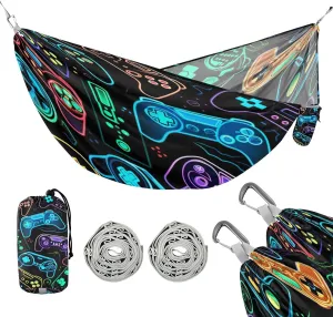 ATTX Colorful Video Game Controllers Camping Hammock - Lightweight & Portable Hammocks, Heavy Duty 330lbs Capacity for Indoor, Hiking, Backpacking, Travel, Backyard, Beach#338