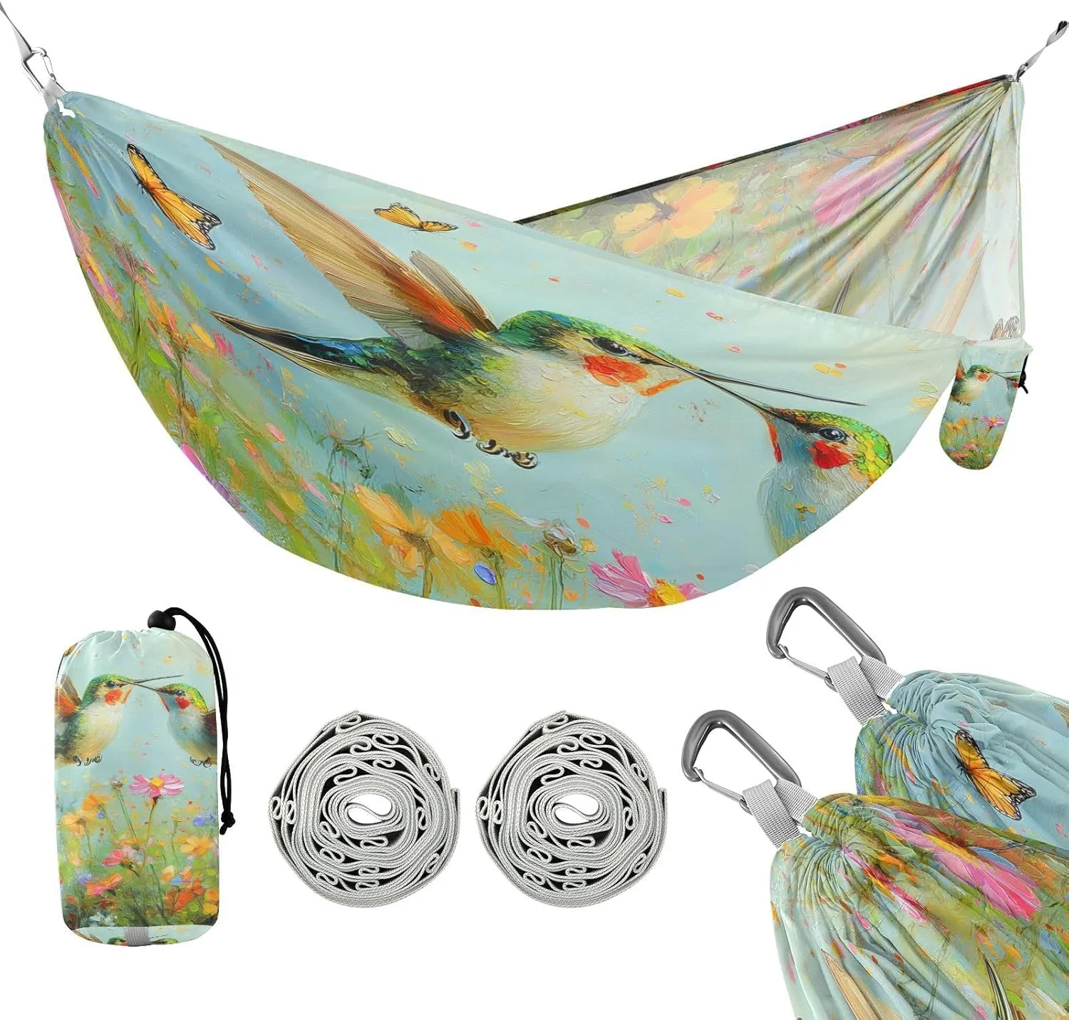 ATTX Hummingbirds Wildflowers Camping Hammock - Lightweight & Portable Hammocks, Heavy Duty 330lbs Capacity for Indoor, Hiking, Backpacking, Travel, Backyard, Beach#463