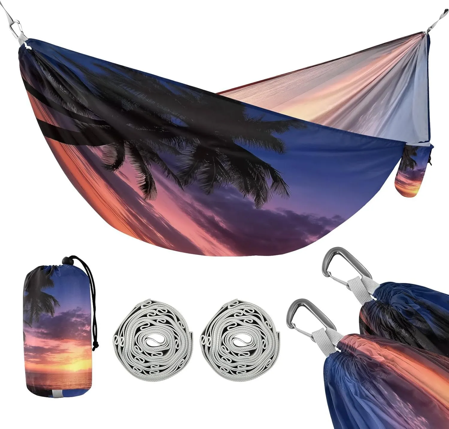 ATTX Ocean Sunset Palm Trees Camping Hammock - Lightweight & Portable Hammocks, Heavy Duty 330lbs Capacity for Indoor, Hiking, Backpacking, Travel, Backyard, Beach#154