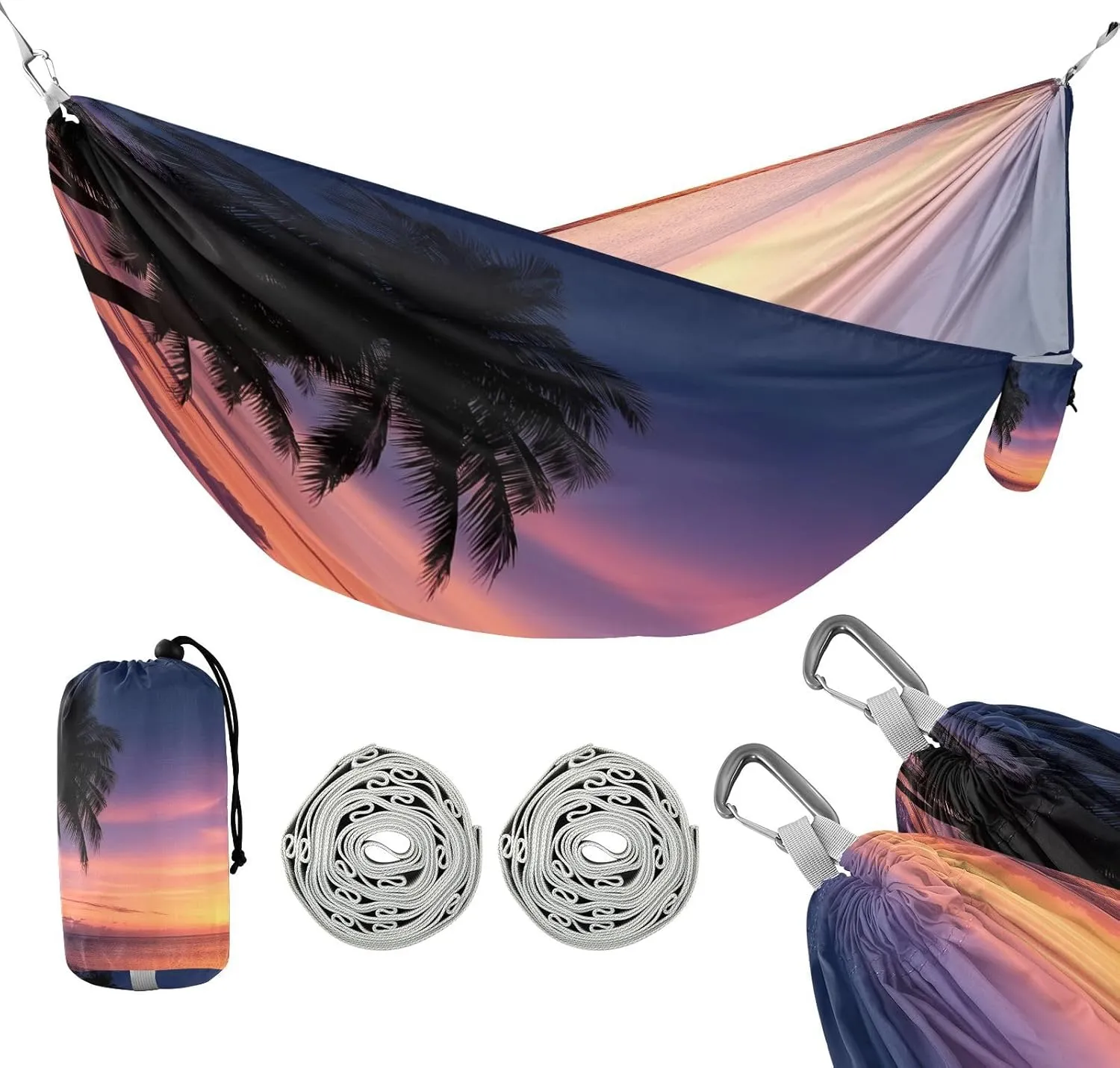 ATTX Ocean Sunset Palm Trees Camping Hammock - Lightweight & Portable Hammocks, Heavy Duty 330lbs Capacity for Indoor, Hiking, Backpacking, Travel, Backyard, Beach#157