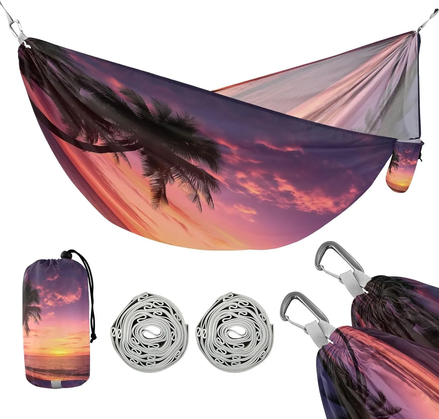 ATTX Ocean Sunset Palm Trees Camping Hammock - Lightweight & Portable Hammocks, Heavy Duty 330lbs Capacity for Indoor, Hiking, Backpacking, Travel, Backyard, Beach#163