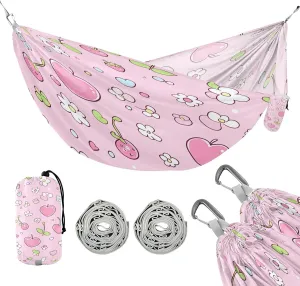 ATTX Pink Cherries Camping Hammock - Lightweight & Portable Hammocks, Heavy Duty 330lbs Capacity for Indoor, Hiking, Backpacking, Travel, Backyard, Beach#577