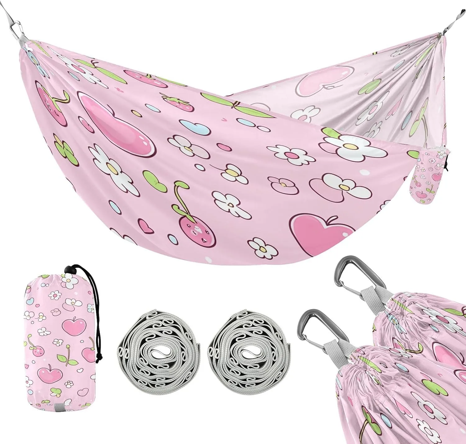 ATTX Pink Cherries Camping Hammock - Lightweight & Portable Hammocks, Heavy Duty 330lbs Capacity for Indoor, Hiking, Backpacking, Travel, Backyard, Beach#577
