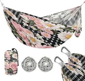 ATTX Pink Roses Daisies Camping Hammock - Lightweight & Portable Hammocks, Heavy Duty 330lbs Capacity for Indoor, Hiking, Backpacking, Travel, Backyard, Beach#581