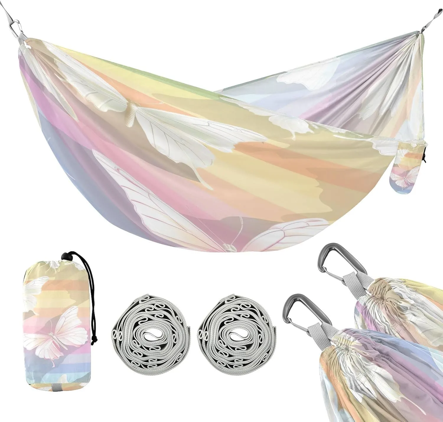 ATTX Rainbow Butterflies Camping Hammock - Lightweight & Portable Hammocks, Heavy Duty 330lbs Capacity for Indoor, Hiking, Backpacking, Travel, Backyard, Beach#520