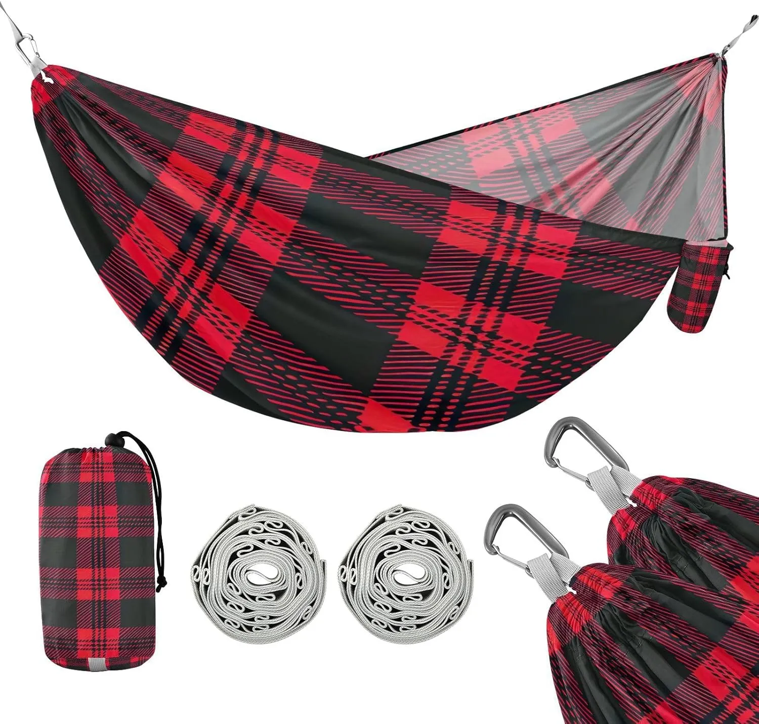 ATTX Red and Black Plaid Camping Hammock - Lightweight & Portable Hammocks, Heavy Duty 330lbs Capacity for Indoor, Hiking, Backpacking, Travel, Backyard, Beach#404