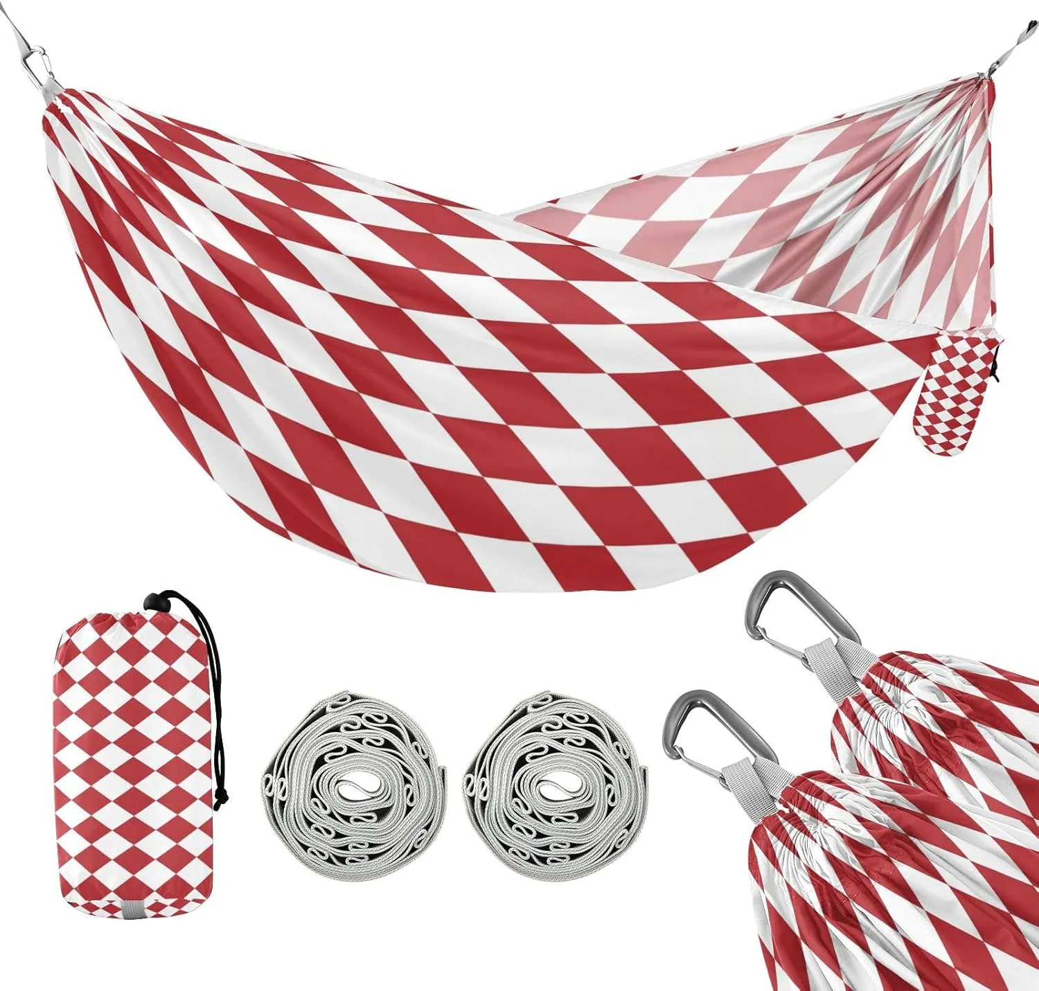 ATTX Red and White Checkered Camping Hammock - Lightweight & Portable Hammocks, Heavy Duty 330lbs Capacity for Indoor, Hiking, Backpacking, Travel, Backyard, Beach#209