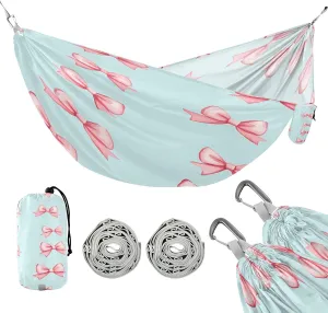 ATTX Small Pink Bows Camping Hammock - Lightweight & Portable Hammocks, Heavy Duty 330lbs Capacity for Indoor, Hiking, Backpacking, Travel, Backyard, Beach#594