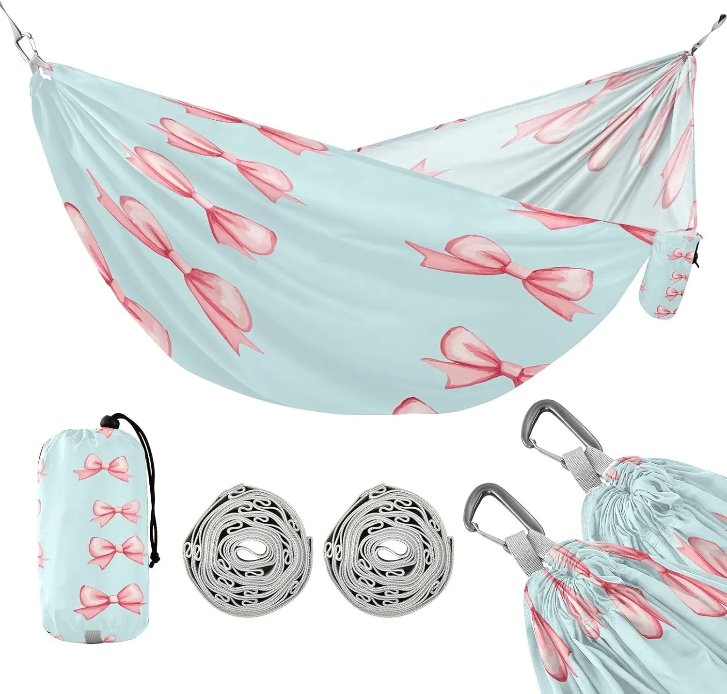 ATTX Small Pink Bows Camping Hammock - Lightweight & Portable Hammocks, Heavy Duty 330lbs Capacity for Indoor, Hiking, Backpacking, Travel, Backyard, Beach#594