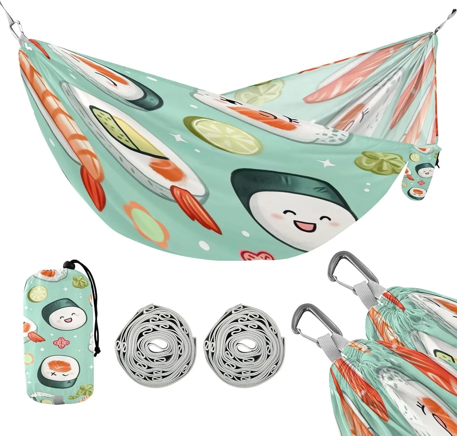 ATTX Sushi Kawaii Pattern Camping Hammock - Lightweight & Portable Hammocks, Heavy Duty 330lbs Capacity for Indoor, Hiking, Backpacking, Travel, Backyard, Beach#485