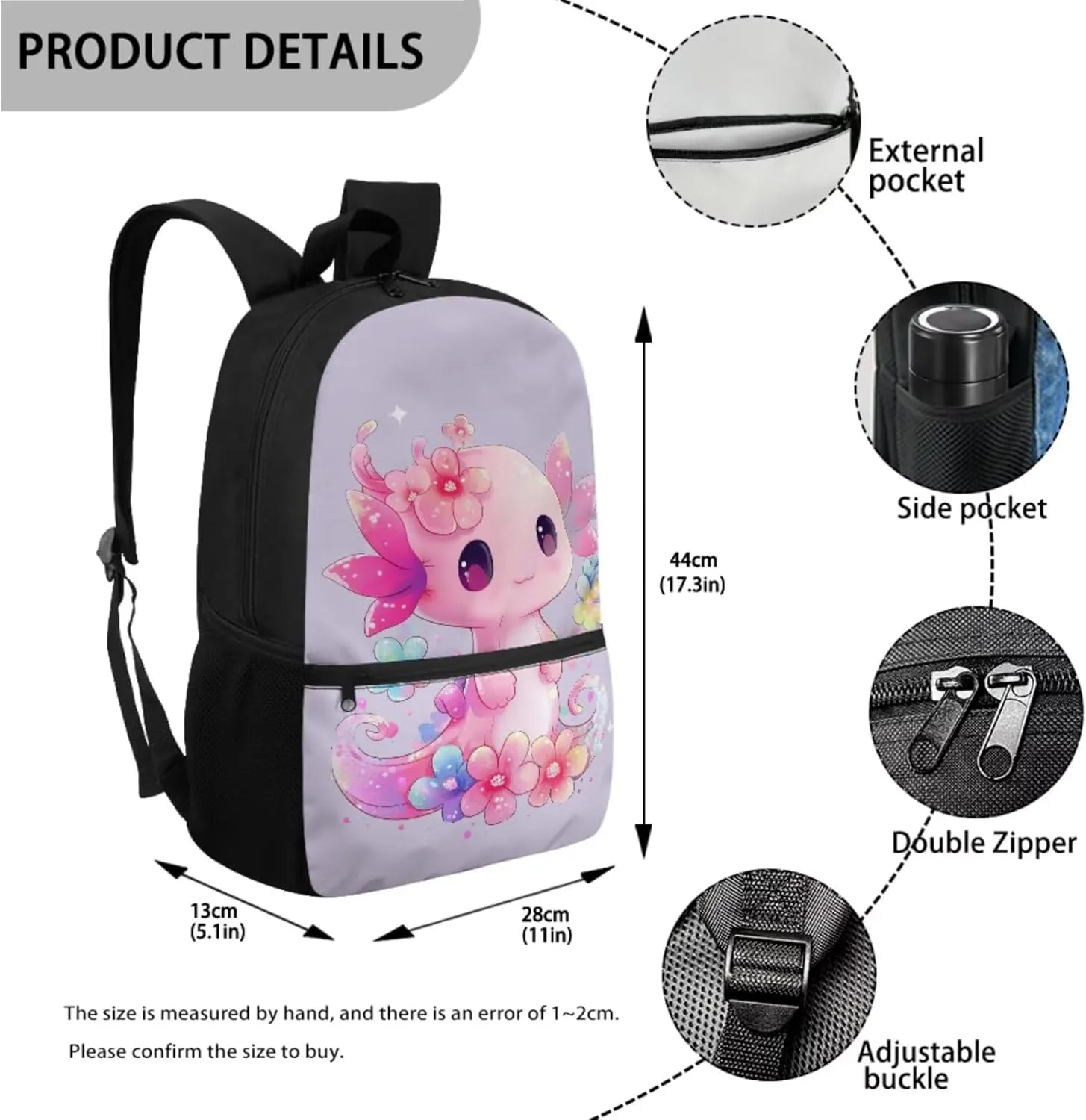 Axolotl Backpack and Lunch Box Cute Backpacks for Elementary School Girls with Lunch Bag 3 Piece School Bag and Lunchbox Pencil Case for Kids 7-9 Years Teen Girl