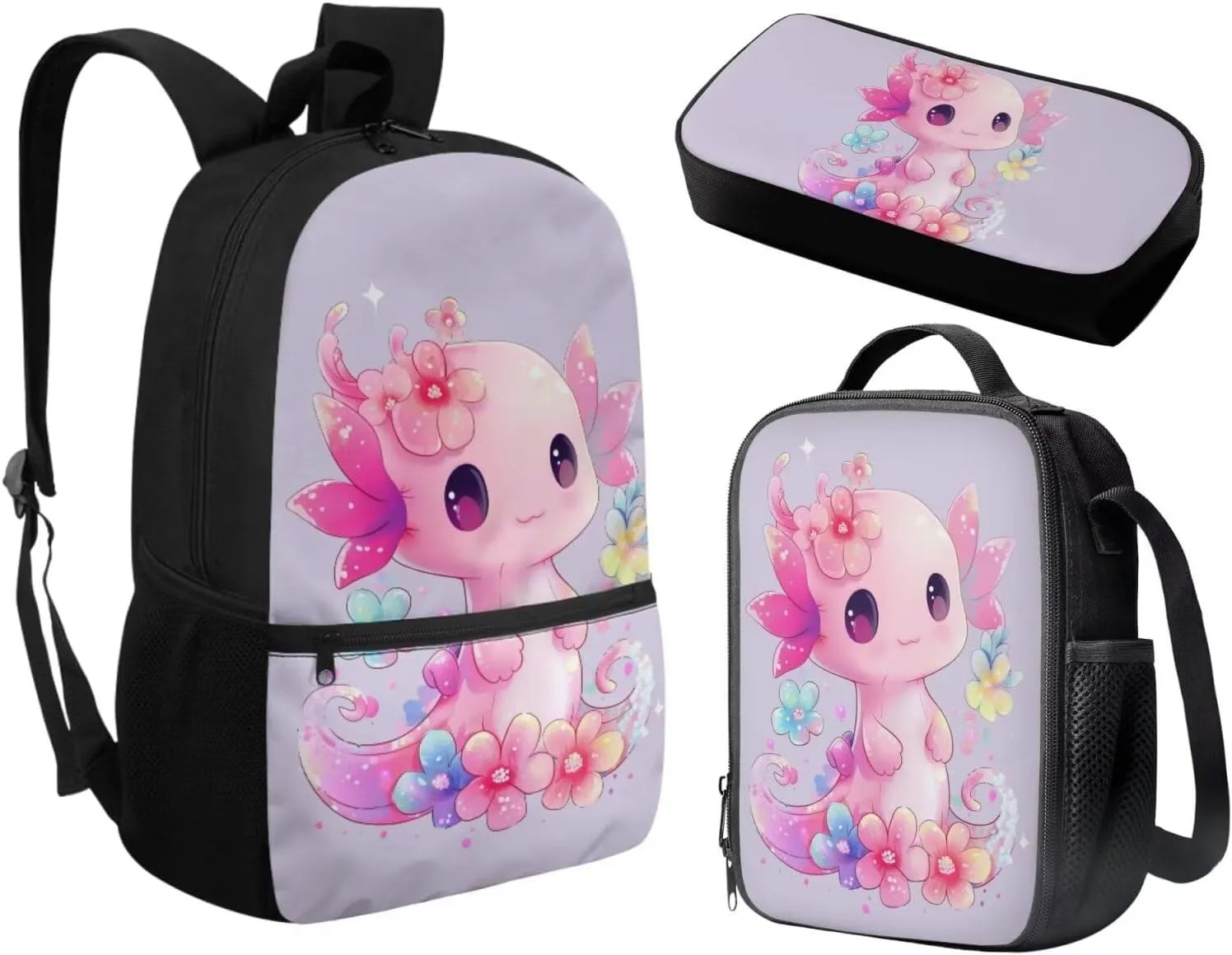 Axolotl Backpack and Lunch Box Cute Backpacks for Elementary School Girls with Lunch Bag 3 Piece School Bag and Lunchbox Pencil Case for Kids 7-9 Years Teen Girl