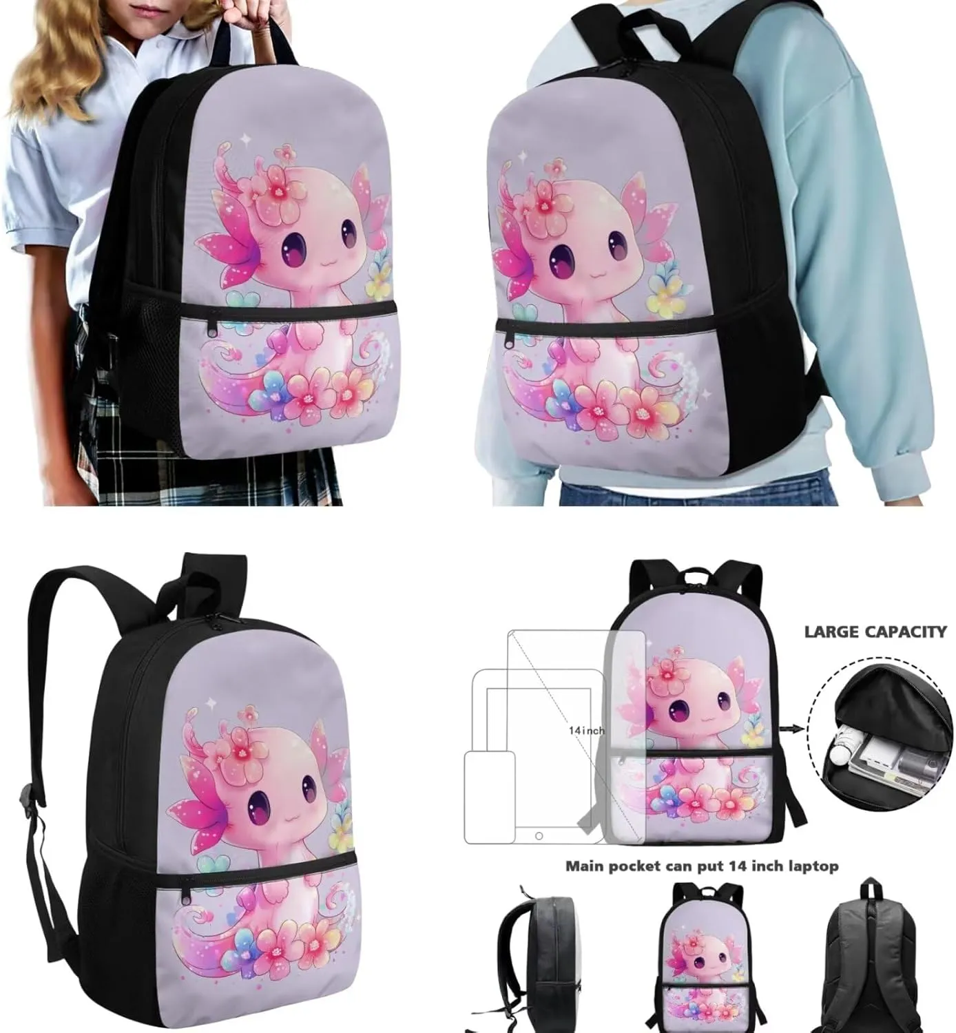 Axolotl Backpack and Lunch Box Cute Backpacks for Elementary School Girls with Lunch Bag 3 Piece School Bag and Lunchbox Pencil Case for Kids 7-9 Years Teen Girl
