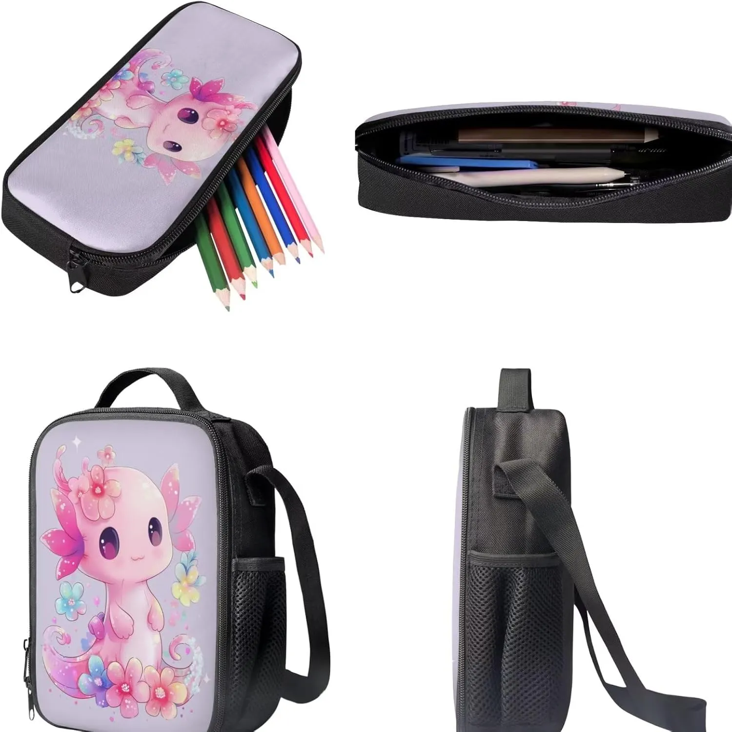 Axolotl Backpack and Lunch Box Cute Backpacks for Elementary School Girls with Lunch Bag 3 Piece School Bag and Lunchbox Pencil Case for Kids 7-9 Years Teen Girl