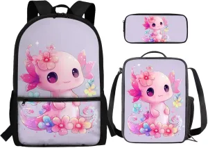 Axolotl Backpack and Lunch Box Cute Backpacks for Elementary School Girls with Lunch Bag 3 Piece School Bag and Lunchbox Pencil Case for Kids 7-9 Years Teen Girl