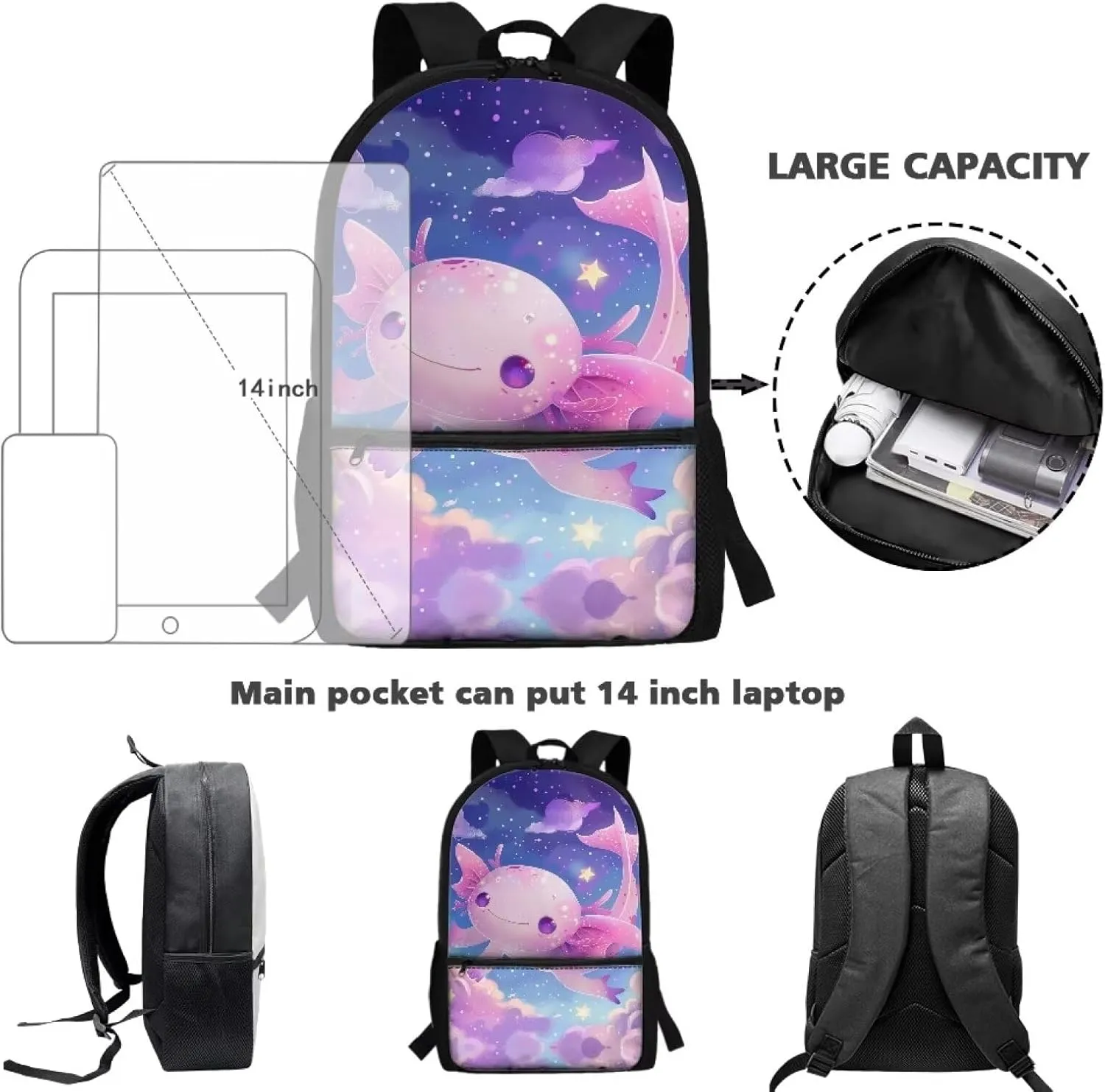 Axolotl Backpack for School Cute Schoolbag for Girls 6-8 Kids Large Book Bags 17 Inch Travel Laptop Backpacks Lightweight School Daypack Back Pack for Primary Kindergarten