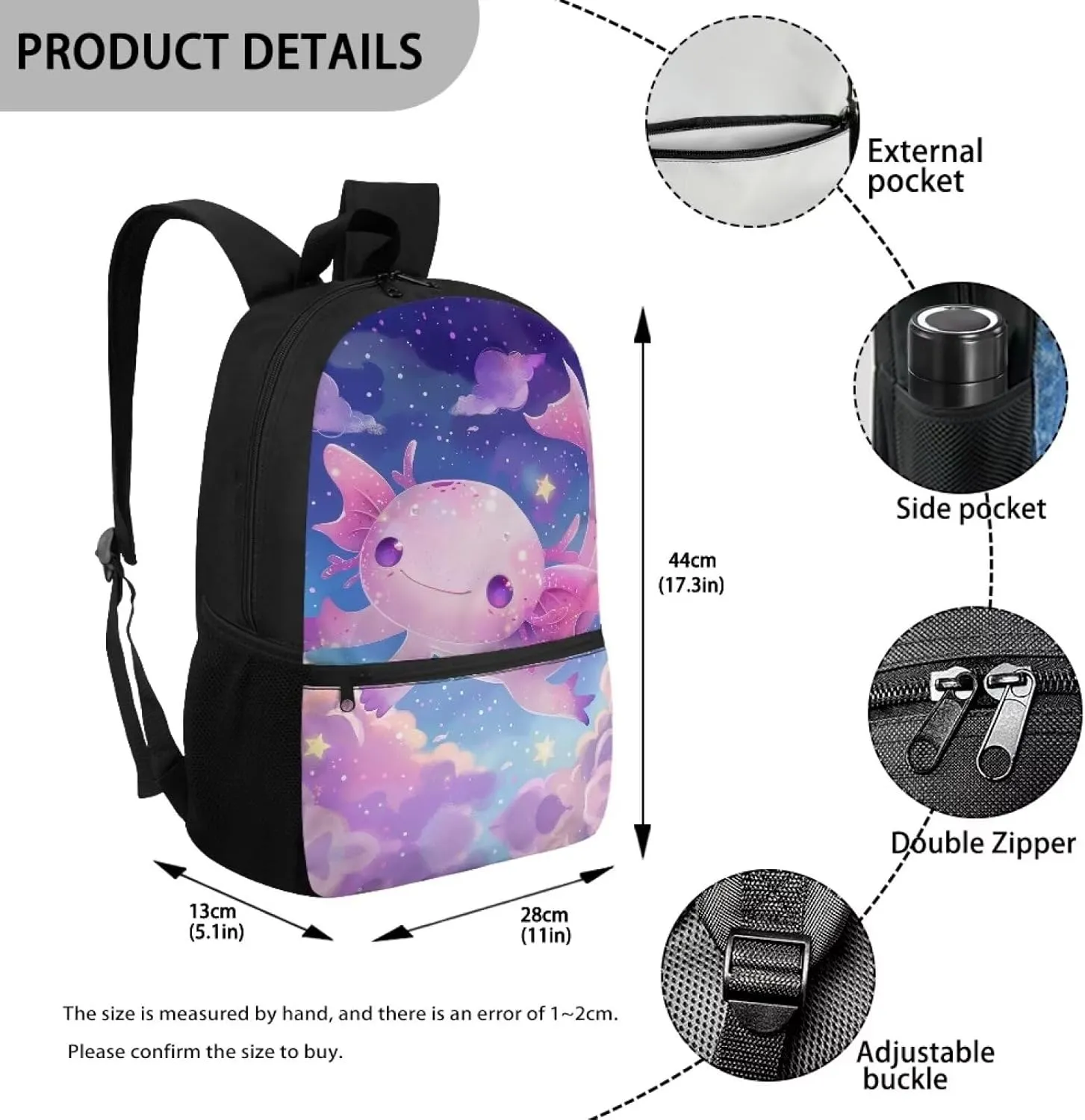 Axolotl Backpack for School Cute Schoolbag for Girls 6-8 Kids Large Book Bags 17 Inch Travel Laptop Backpacks Lightweight School Daypack Back Pack for Primary Kindergarten