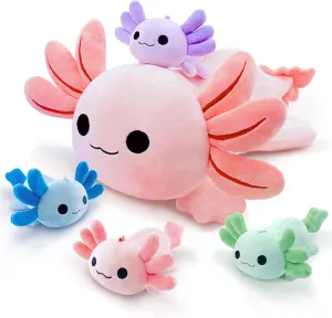 Axolotl Plush，Cute Axolotl Mommy Stuffed Animal with 4 Baby Axolotl Plushies in Tummy，Kawaii Axolotl Plush Toy Gift for Kids Girls Boys