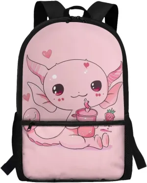 Axolotl School Bag for Girls 10 11 12 Pink Backpack for Kids 5-7 Elementary Middle School Bookbags 5Th Grade/4Th Grade Children Book Bag with Adjustable Straps