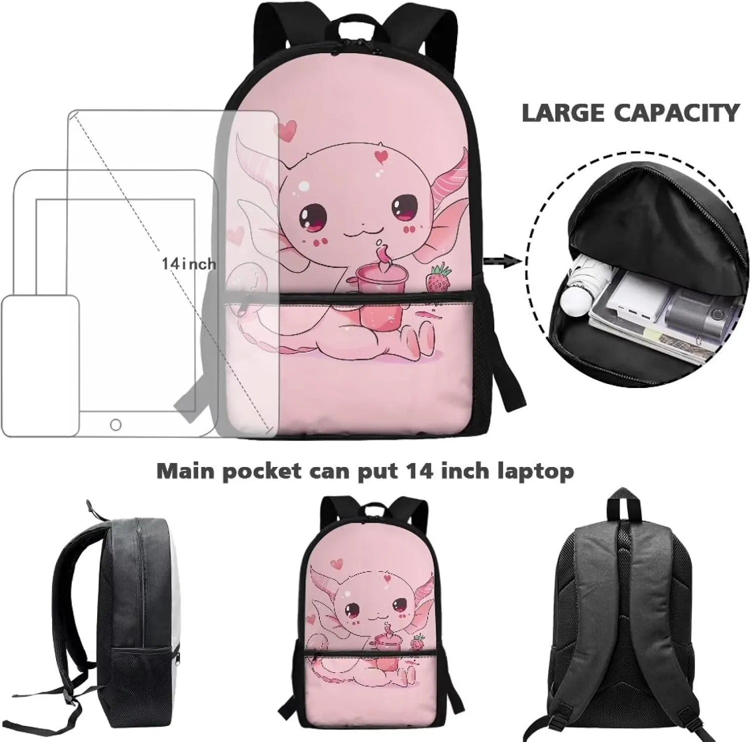Axolotl School Bag for Girls 10 11 12 Pink Backpack for Kids 5-7 Elementary Middle School Bookbags 5Th Grade/4Th Grade Children Book Bag with Adjustable Straps